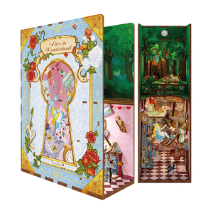 Product shot of the assembled Tonecheer DIY book end, showcasing the split-level Wonderland scene viewed through a keyhole graphic.