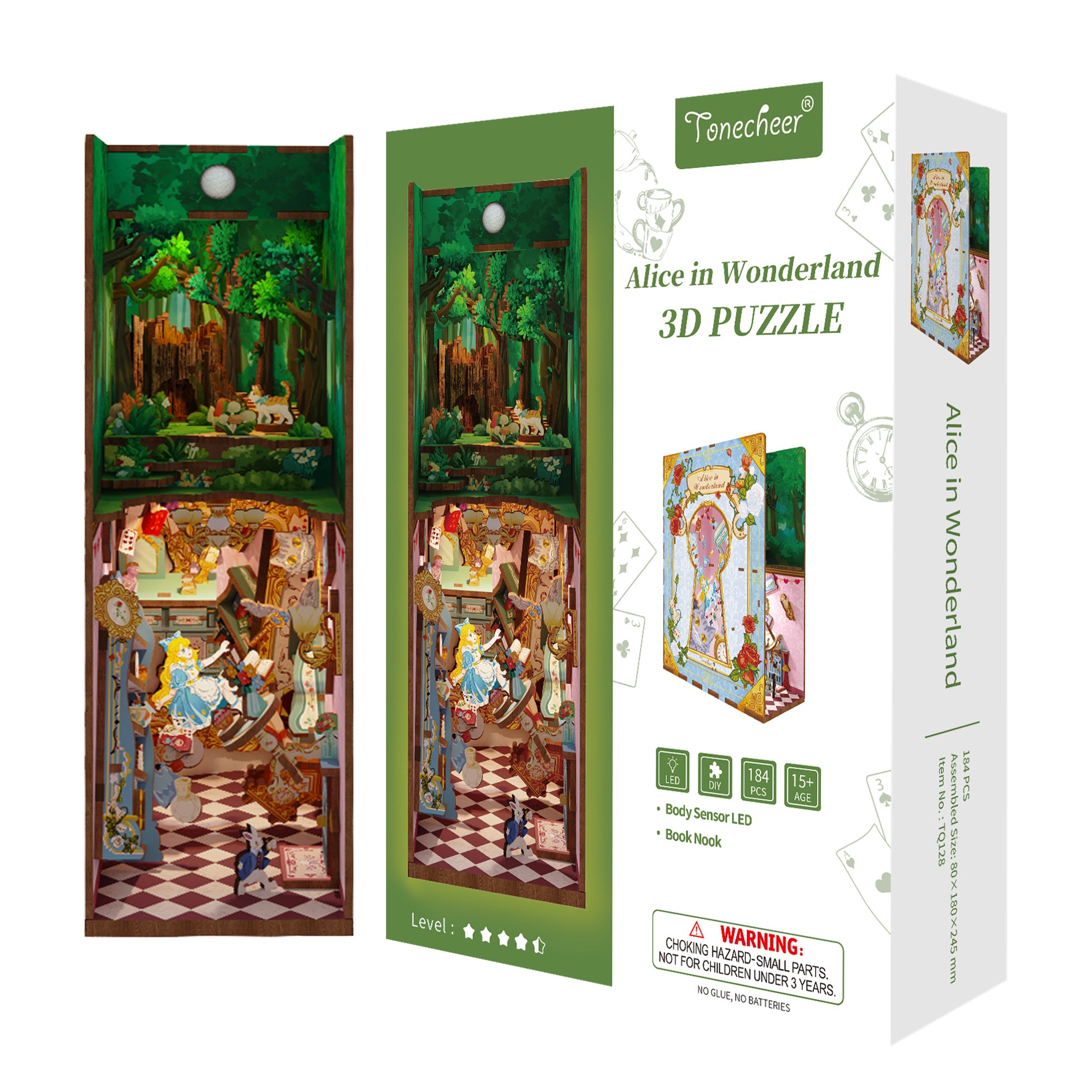 Packaging box for the Tonecheer Alice in Wonderland 3D Puzzle, showing the final display image and features like the 184 pieces and Body Sensor LED.