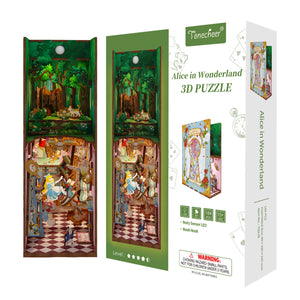 Packaging box for the Tonecheer Alice in Wonderland 3D Puzzle, showing the final display image and features like the 184 pieces and Body Sensor LED.