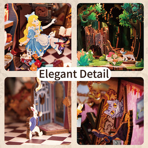 A four-panel collage of close-up miniature details: figures of Alice falling, the White Rabbit, the Cheshire Cat, and the forest entrance.