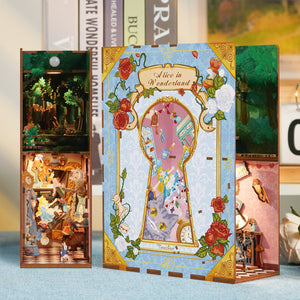 The assembled "Alice in Wonderland" book nook displayed next to the front cover, highlighting the keyhole design and the illuminated interior.