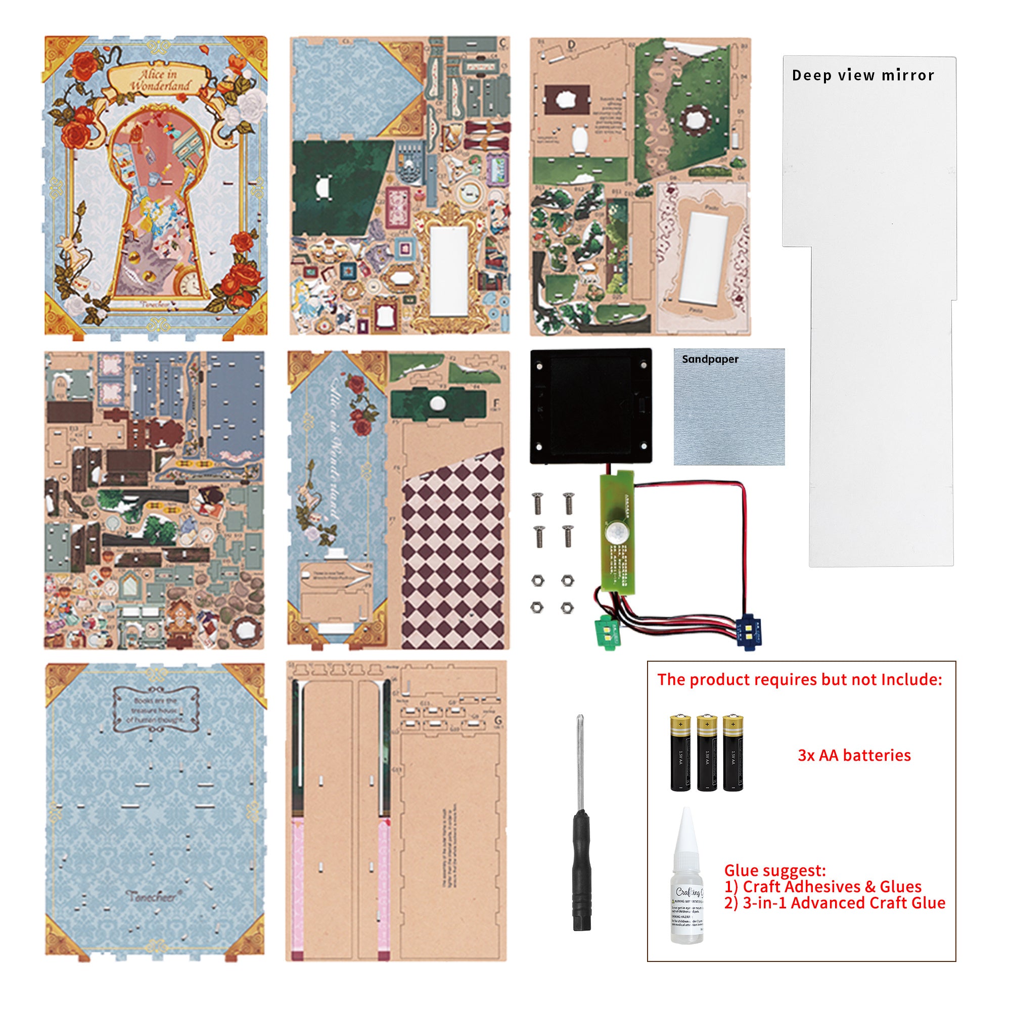 A layout of all the materials included in the Tonecheer book nook kit, showing the wooden punch-out sheets, mirror, and the LED light sensor wiring.