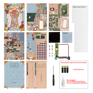 A layout of all the materials included in the Tonecheer book nook kit, showing the wooden punch-out sheets, mirror, and the LED light sensor wiring.
