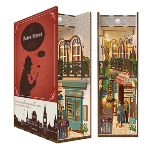 Product shot of the assembled Tonecheer DIY book end, showcasing the illuminated street and the figure of a detective and his dog.