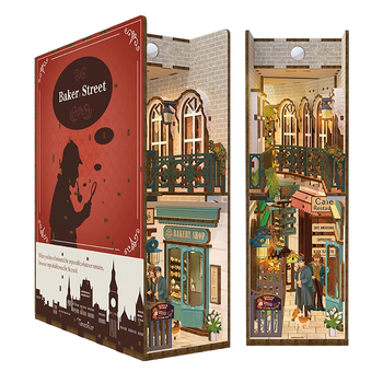 Product shot of the assembled Tonecheer DIY book end, showcasing the illuminated street and the figure of a detective and his dog.