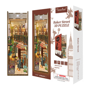 Packaging box for the Tonecheer Baker Street 3D Puzzle, showing a final display image and key features like the 141 pieces and Body Sensor LED.