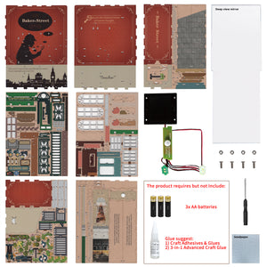 A layout of all the materials included in the Tonecheer book nook kit, showing the wooden punch-out sheets, mirror, and the LED light sensor wiring.