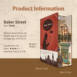 Product information graphic for the Tonecheer book nook kit, detailing the size (24.5cm H), 141 components, and Sherlock Holmes theme.