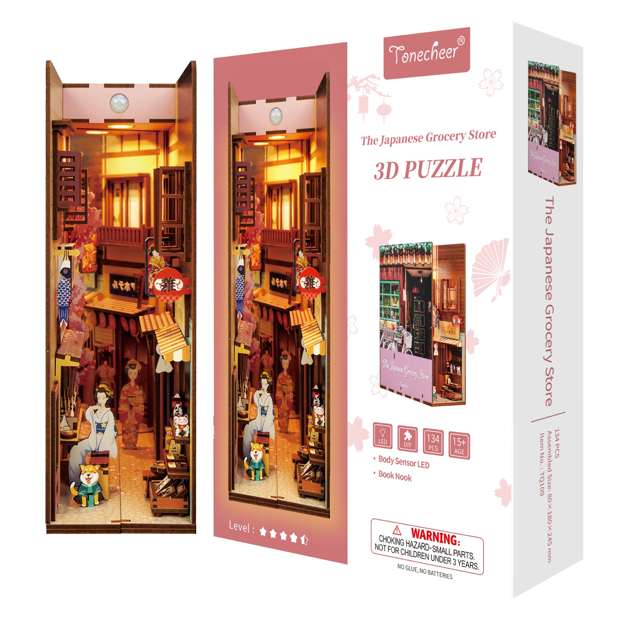 Packaging box for the Tonecheer Japanese Grocery Store 3D Puzzle, showing a final display image and key features like the 134 pieces and Body Sensor LED.