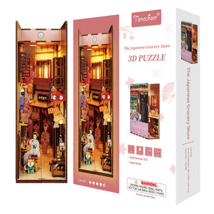 Packaging box for the Tonecheer Japanese Grocery Store 3D Puzzle, showing a final display image and key features like the 134 pieces and Body Sensor LED.