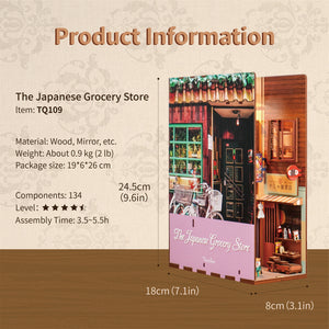 Product information graphic for the Tonecheer book nook kit, detailing the size (24.5cm H), 134 components, and Japanese street theme.