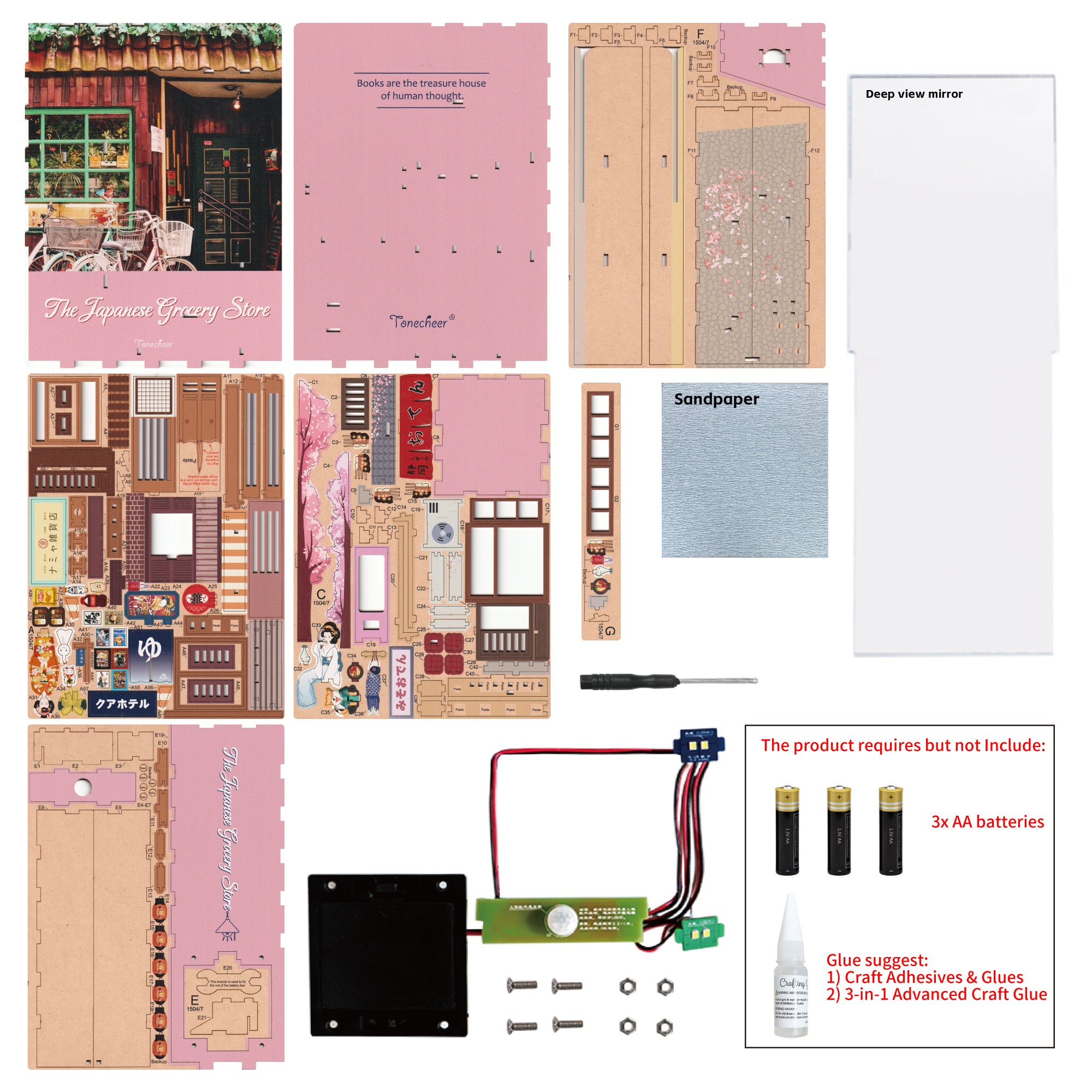 A layout of all the materials included in the Tonecheer book nook kit, showing the wooden punch-out sheets, mirror, and the LED light sensor wiring.
