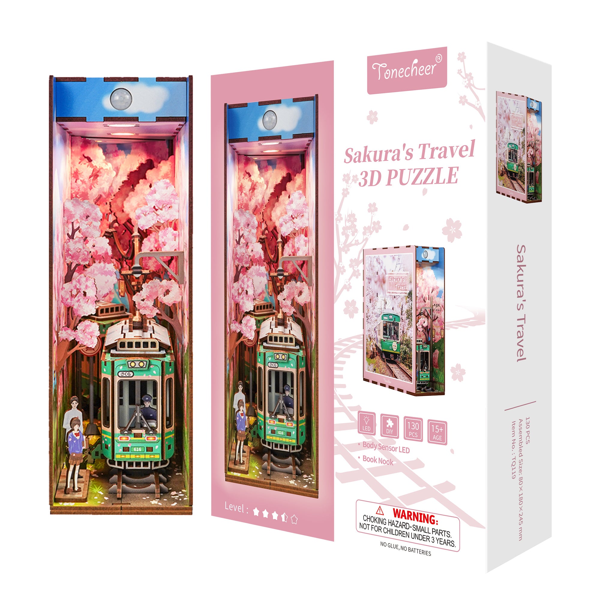 Packaging box for the Tonecheer Sakura's Travel 3D Puzzle, showing a final display image, 130 pieces, and the Body Sensor LED.