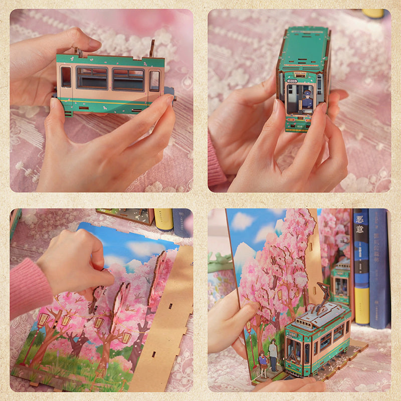 A collage showing the step-by-step process of building the miniature tram and placing the backdrop inside the book nook kit.