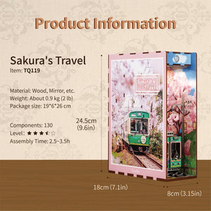 Product information graphic for the Tonecheer book nook kit, detailing the size (24.5cm H), 130 components, and Japanese Sakura Tram theme.