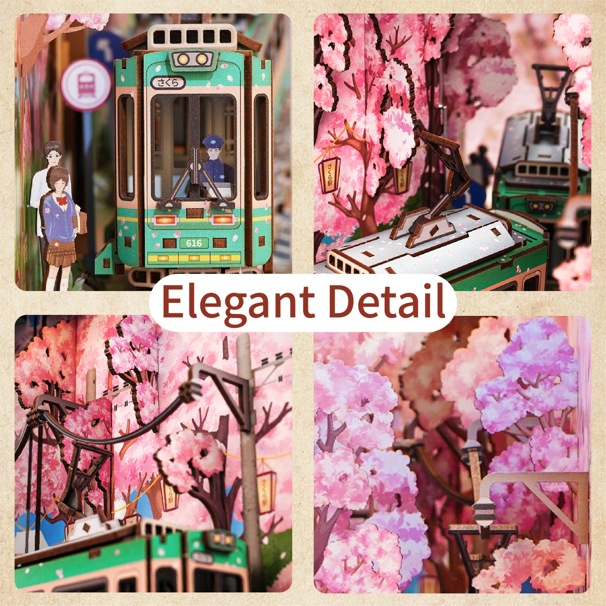 A four-panel collage of close-up miniature details: a miniature tram, students, overhead power lines, and the layered pink cherry blossom trees.