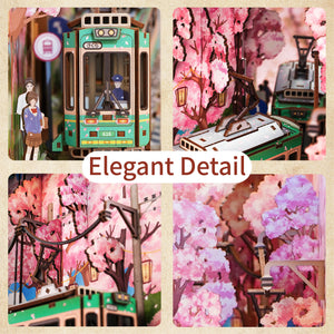 A four-panel collage of close-up miniature details: a miniature tram, students, overhead power lines, and the layered pink cherry blossom trees.