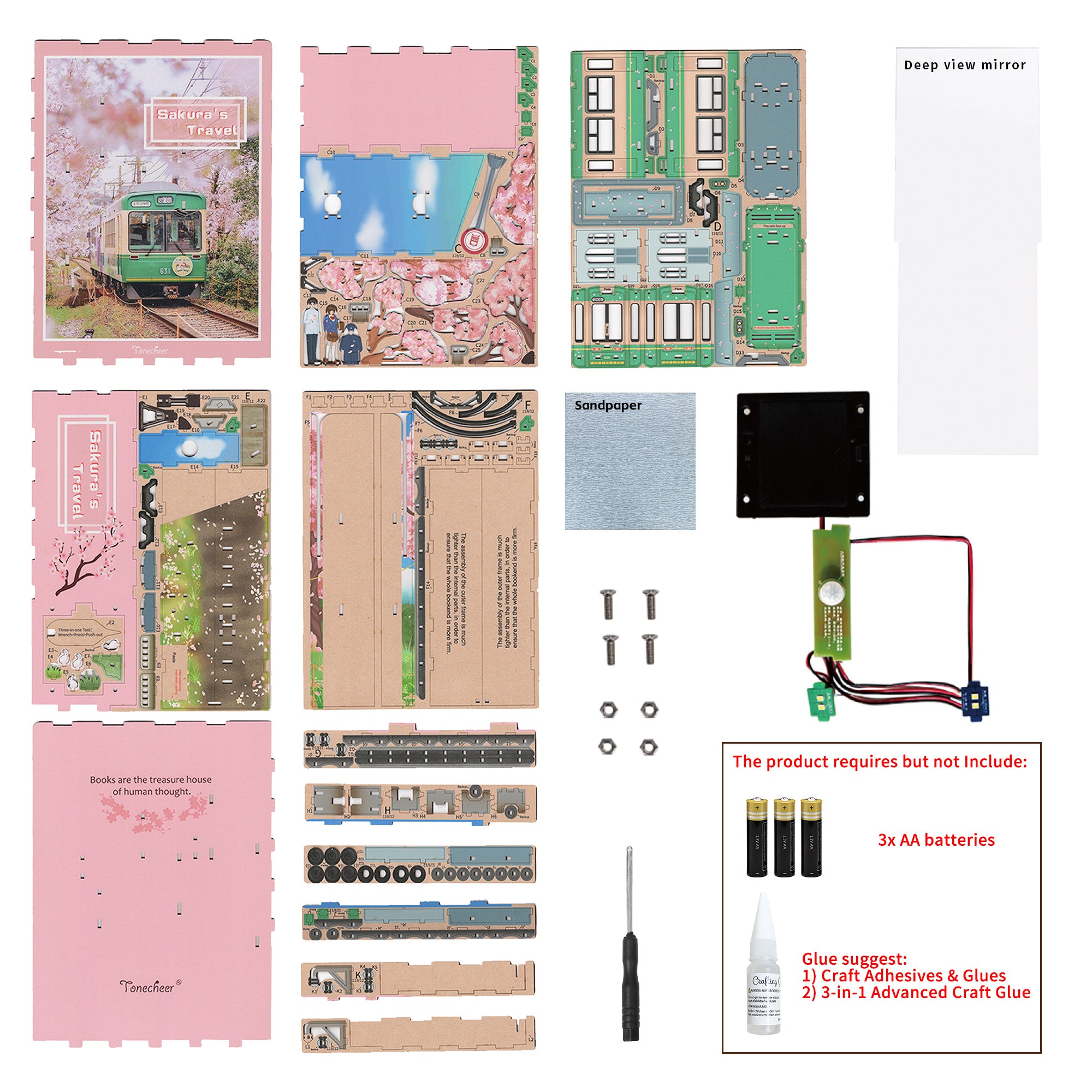 A layout of all the materials included in the Tonecheer book nook kit, showing the wooden punch-out sheets, mirror, and the tram-themed pieces.