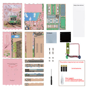 A layout of all the materials included in the Tonecheer book nook kit, showing the wooden punch-out sheets, mirror, and the tram-themed pieces.