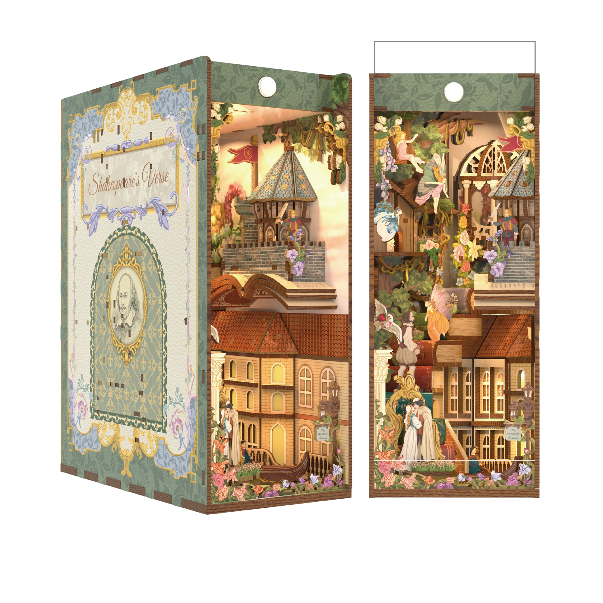 Full frontal view of the assembled Tonecheer Shakespeare's Verse Book Nook Kit, featuring multiple miniature scenes from famous plays.