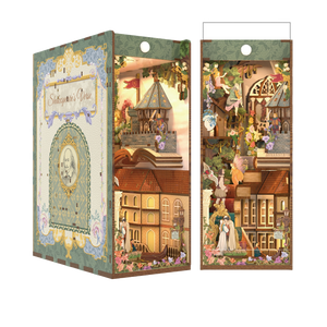 Full frontal view of the assembled Tonecheer Shakespeare's Verse Book Nook Kit, featuring multiple miniature scenes from famous plays.