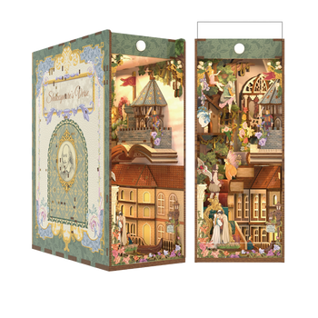 Full frontal view of the assembled Tonecheer Shakespeare's Verse Book Nook Kit, featuring multiple miniature scenes from famous plays.