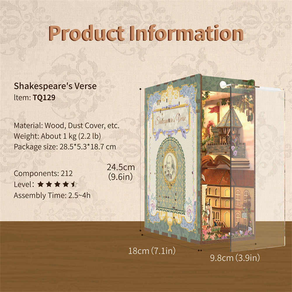 Product information graphic for the Tonecheer book nook kit, detailing the size (24.5cm H), 212 components, and British Library inspiration.