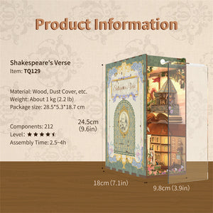 Product information graphic for the Tonecheer book nook kit, detailing the size (24.5cm H), 212 components, and British Library inspiration.