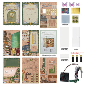 A layout of all the materials included in the Tonecheer book nook kit, showing the wooden sheets, butterfly cutouts, dust covers, and LED wiring.