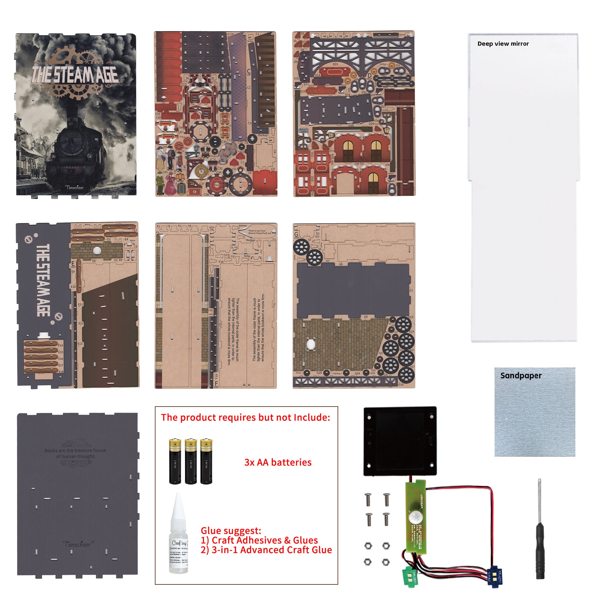 A layout of all materials included in the Tonecheer book nook kit, showing the wooden punch-out sheets, mirror, and the LED light sensor wiring.