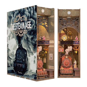 Full frontal view of the assembled Tonecheer "The Steam Age" Book Nook Kit, featuring a detailed retro steam locomotive in a Victorian train station.