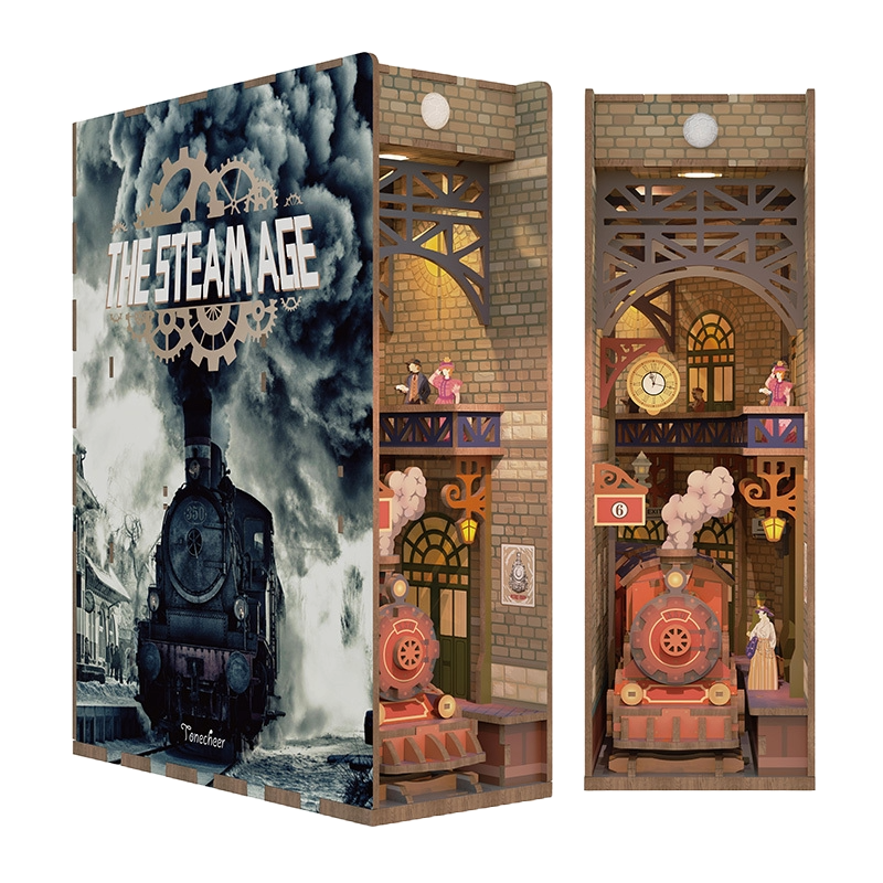 Full frontal view of the assembled Tonecheer "The Steam Age" Book Nook Kit, featuring a detailed retro steam locomotive in a Victorian train station.