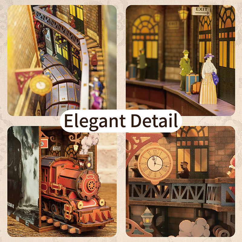 A four-panel collage showing close-up details: miniature figures on a platform, a vintage clock, the red steam engine, and the railway tracks.