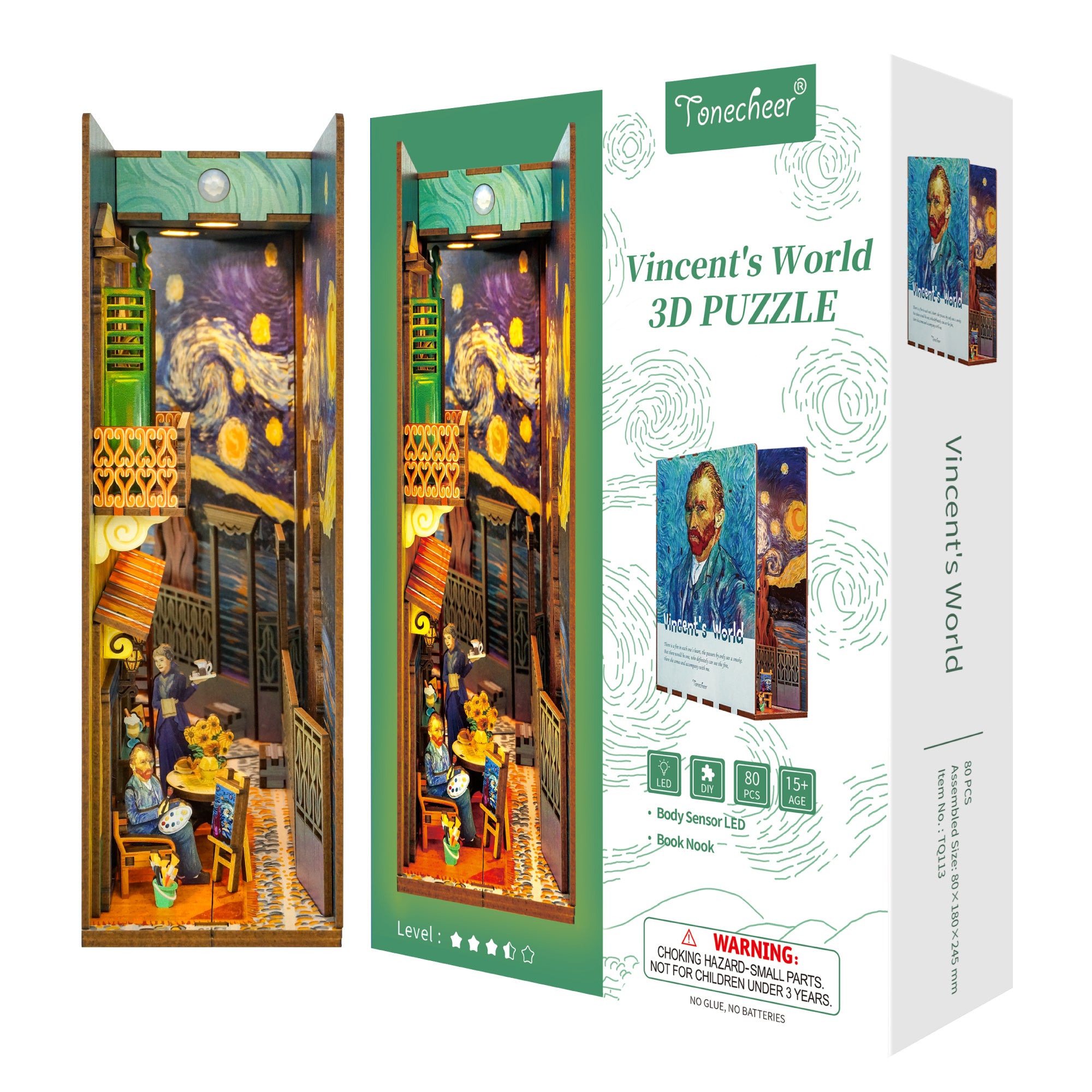 Packaging box for the Tonecheer Vincent's World 3D Puzzle Book Nook, showing a final display image and key features like the LED light and 80 pieces.