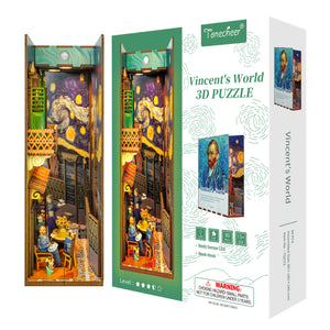 Packaging box for the Tonecheer Vincent's World 3D Puzzle Book Nook, showing a final display image and key features like the LED light and 80 pieces.