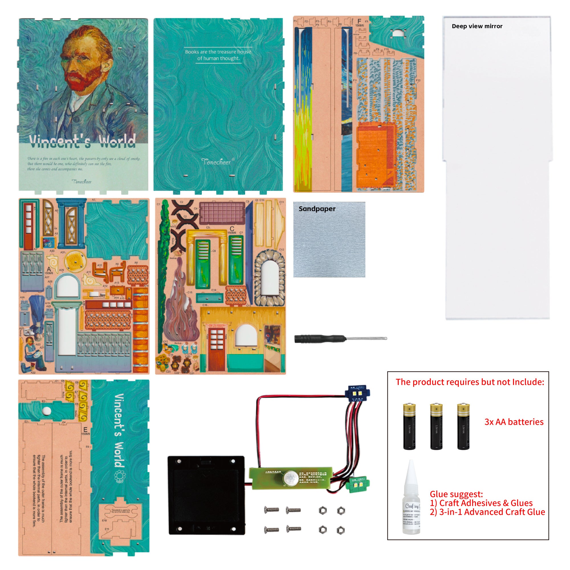 A layout of all materials included in the Tonecheer book nook kit, showing the wooden punch-out sheets, sandpaper, mirror, and LED wiring.
