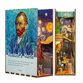 Full frontal view of the assembled Tonecheer "Vincent's World" Book Nook Kit, inspired by Van Gogh's Starry Night and self-portrait.