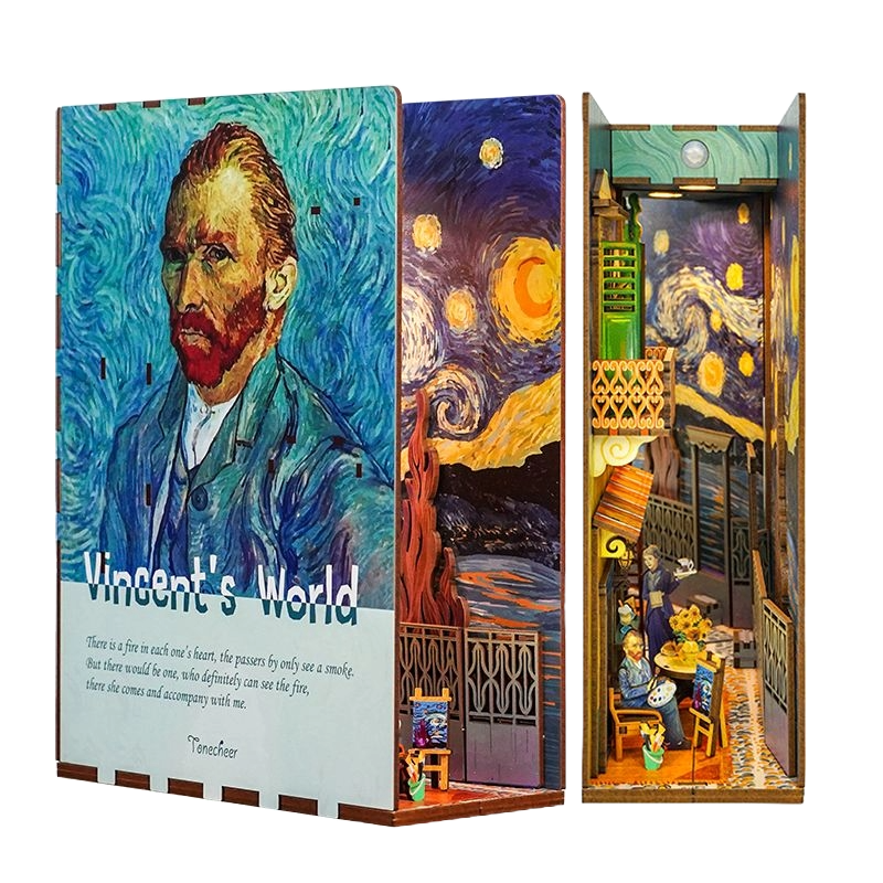 Full frontal view of the assembled Tonecheer "Vincent's World" Book Nook Kit, inspired by Van Gogh's Starry Night and self-portrait.
