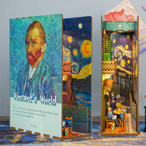 The assembled "Vincent's World" book nook displayed next to the front cover, showing the deep interior alley and cafe scene.