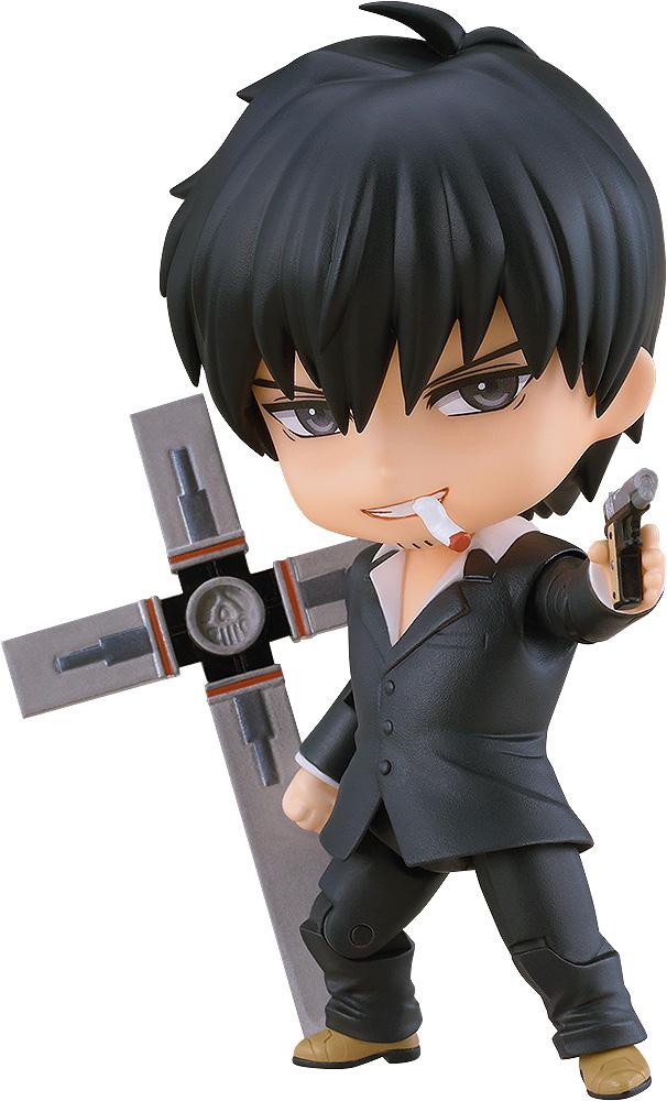 Isolated studio shot of the Trigun Maximum Nicholas D. Wolfwood Nendoroid figure holding the Punisher cross and aiming a pistol with a cigarette in his mouth on a white background.