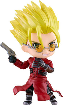 Trigun Maximum Vash the Stampede Nendoroid figure holding his silver revolver with a confident smirk isolated on a white background.