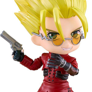 Trigun Maximum Vash the Stampede Nendoroid figure holding his silver revolver with a confident smirk isolated on a white background.