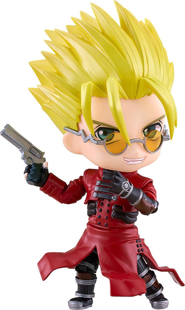 Trigun Maximum Vash the Stampede Nendoroid figure holding his silver revolver with a confident smirk isolated on a white background.