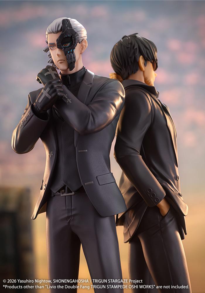 Close-up shot of Livio the Double Fang and Nicholas D. Wolfwood Oshi Works figures standing back-to-back