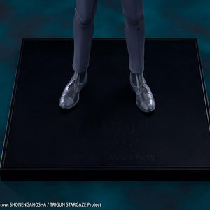 Close-up view of the black display base engraved with Trigun Stampede Livio the Double Fang title text