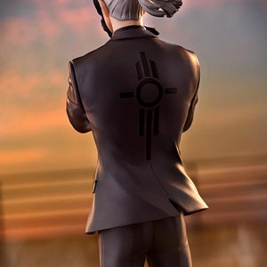 Close-up rear shot of Livio the Double Fang's suit jacket emblem in soft sunset lighting