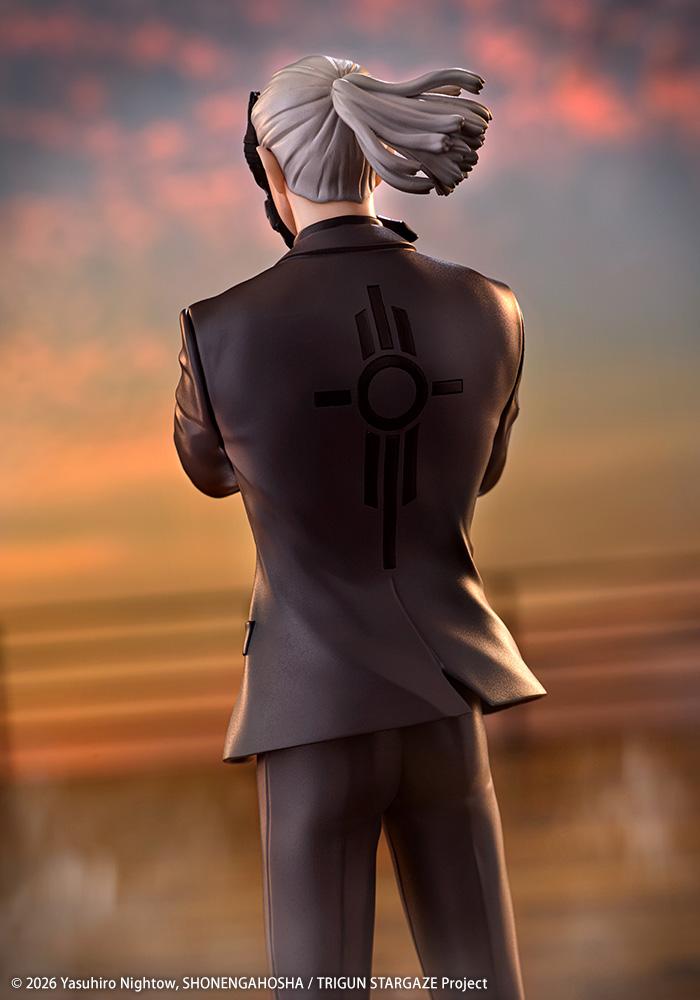 Close-up rear shot of Livio the Double Fang's suit jacket emblem in soft sunset lighting