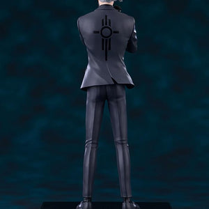 Rear view of the Livio the Double Fang figure showing the emblem printed on the back of his suit jacket