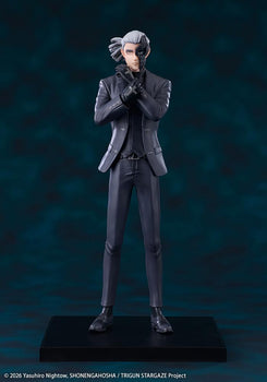 Full length front view of the Kotobukiya Trigun Stampede Livio the Double Fang Oshi Works figure wearing a dark suit