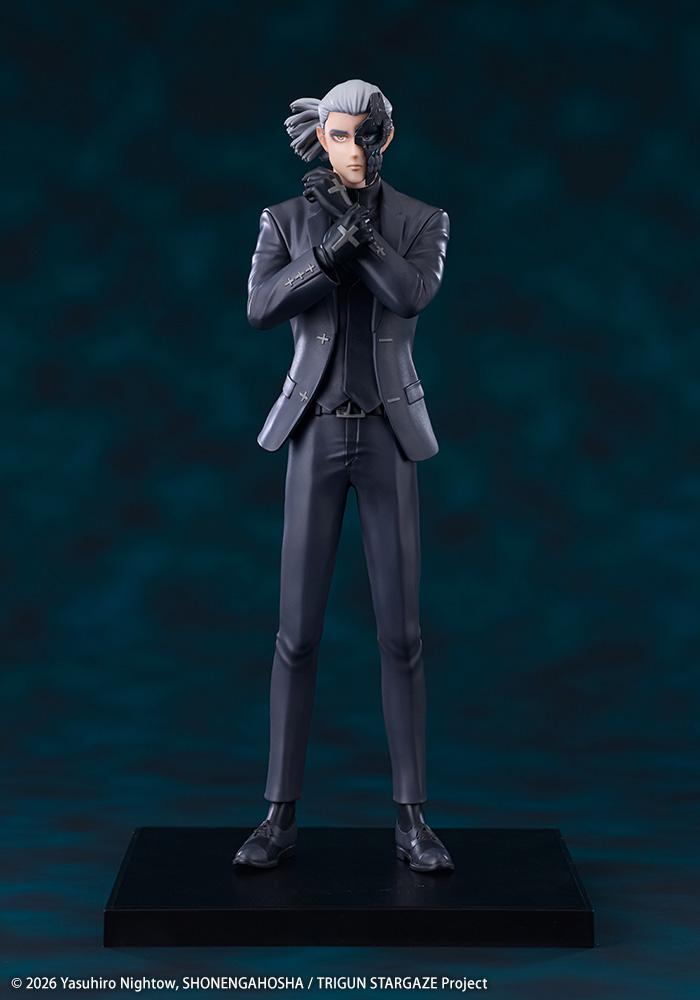 Full length front view of the Kotobukiya Trigun Stampede Livio the Double Fang Oshi Works figure wearing a dark suit